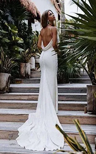 Mermaid V-neck Satin Wedding Dress Simple Western Elegant Romantic Adorable Beach Summer Garden With Open Back And Sleevesless-716763