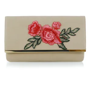 MIRA EMBROIDERED FLOWER SHOULDER STRAP EVENING PURSE CLUTCH BAG IN BEIGE
