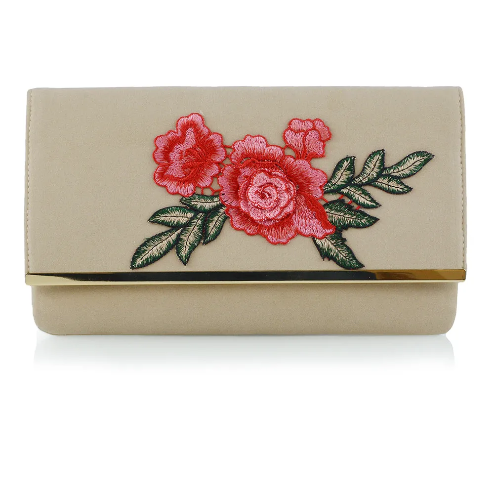 MIRA EMBROIDERED FLOWER SHOULDER STRAP EVENING PURSE CLUTCH BAG IN BEIGE