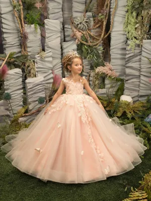 Modest Sleeveless Ball Gown Flower Girls Dress With Appliques