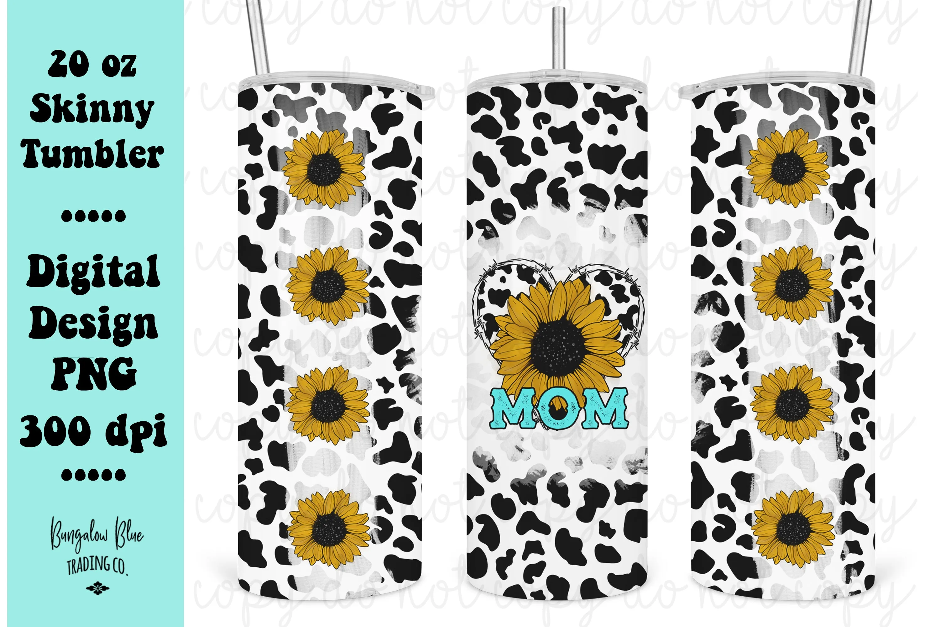 Mom Sunflower Cow Heart 20 oz Skinny Tumbler Wrap Digital Download