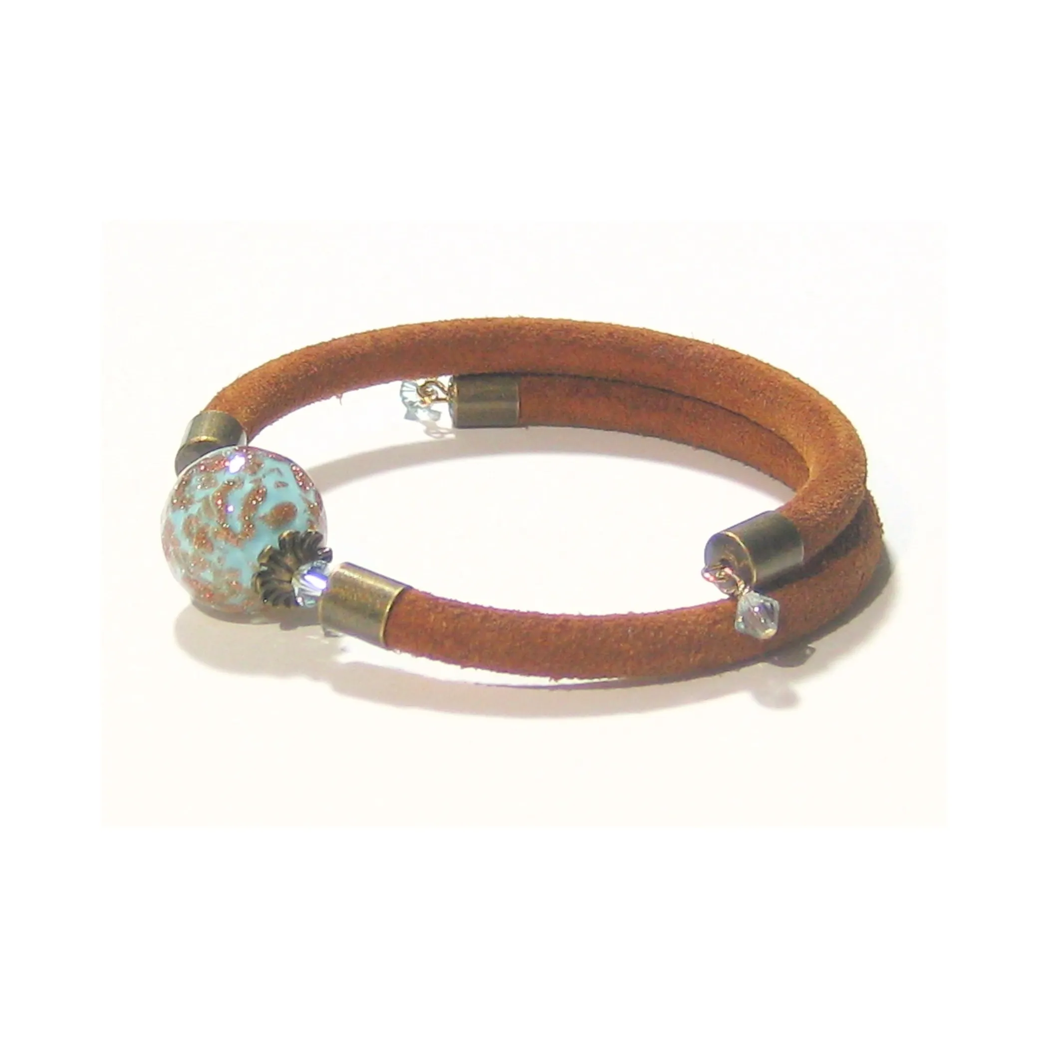 Murano Glass Turquoise Copper Suede Wrap Bangle Bracelet