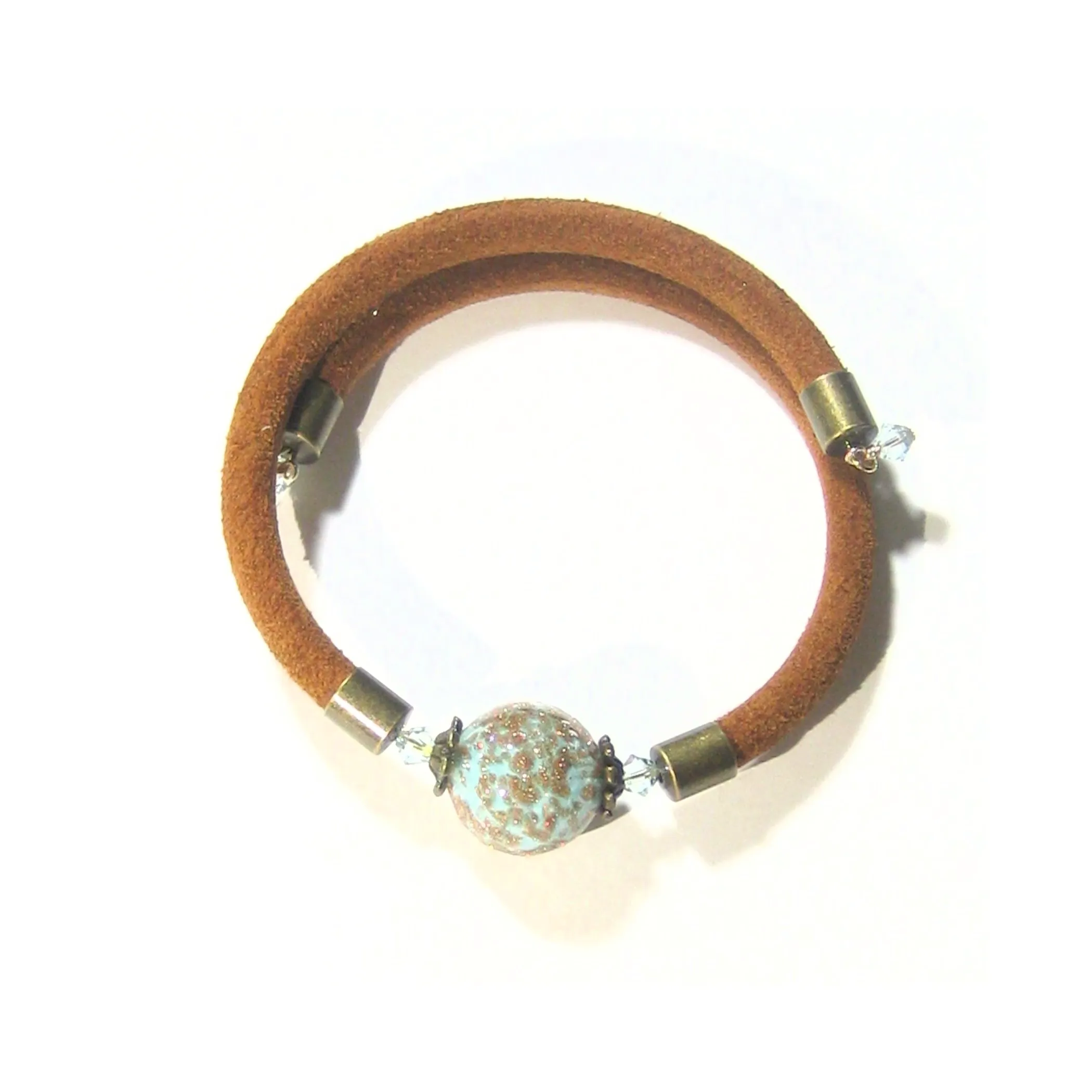 Murano Glass Turquoise Copper Suede Wrap Bangle Bracelet