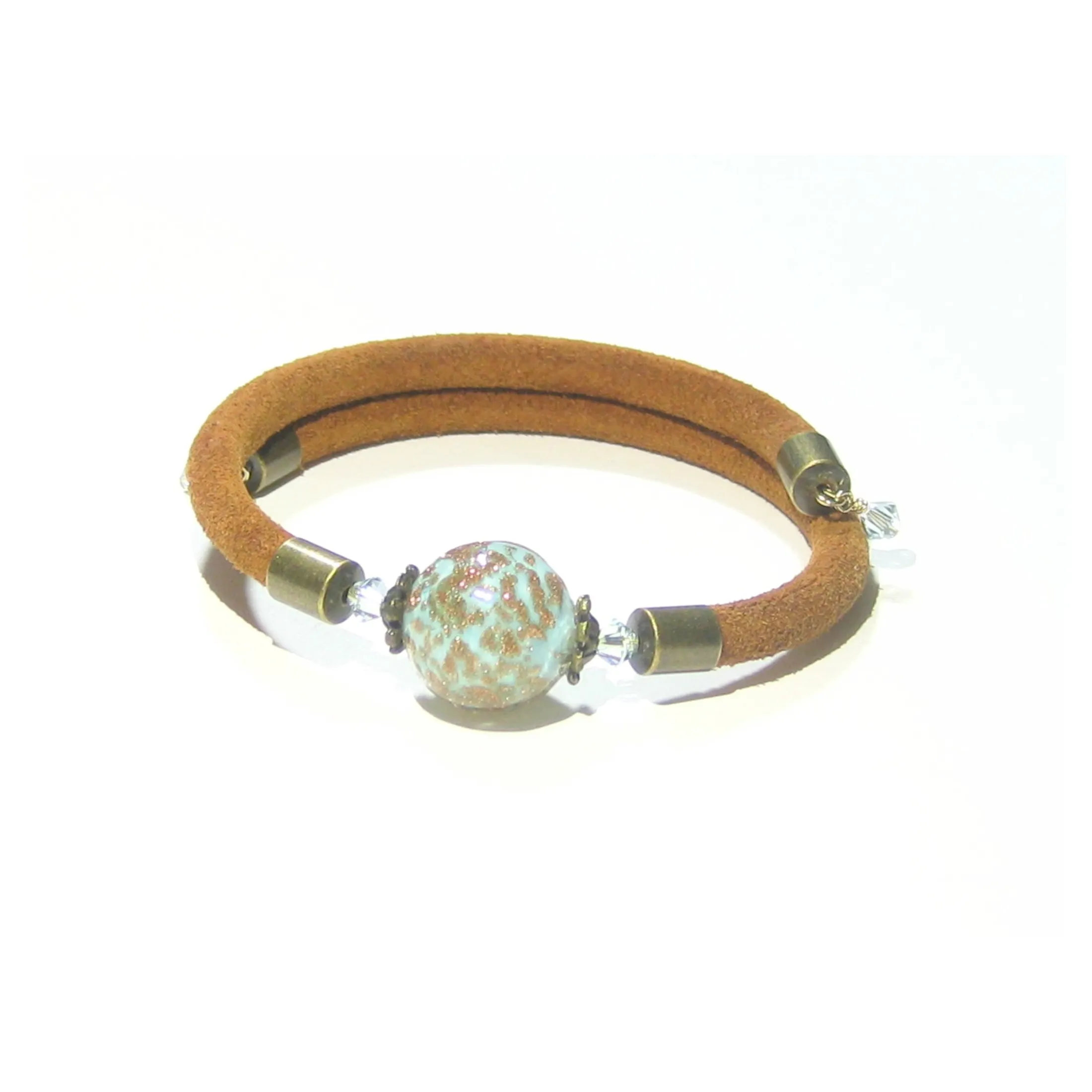 Murano Glass Turquoise Copper Suede Wrap Bangle Bracelet