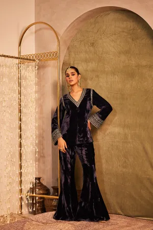 Navy Blue V Neck Top With Sharara Style Pants Set