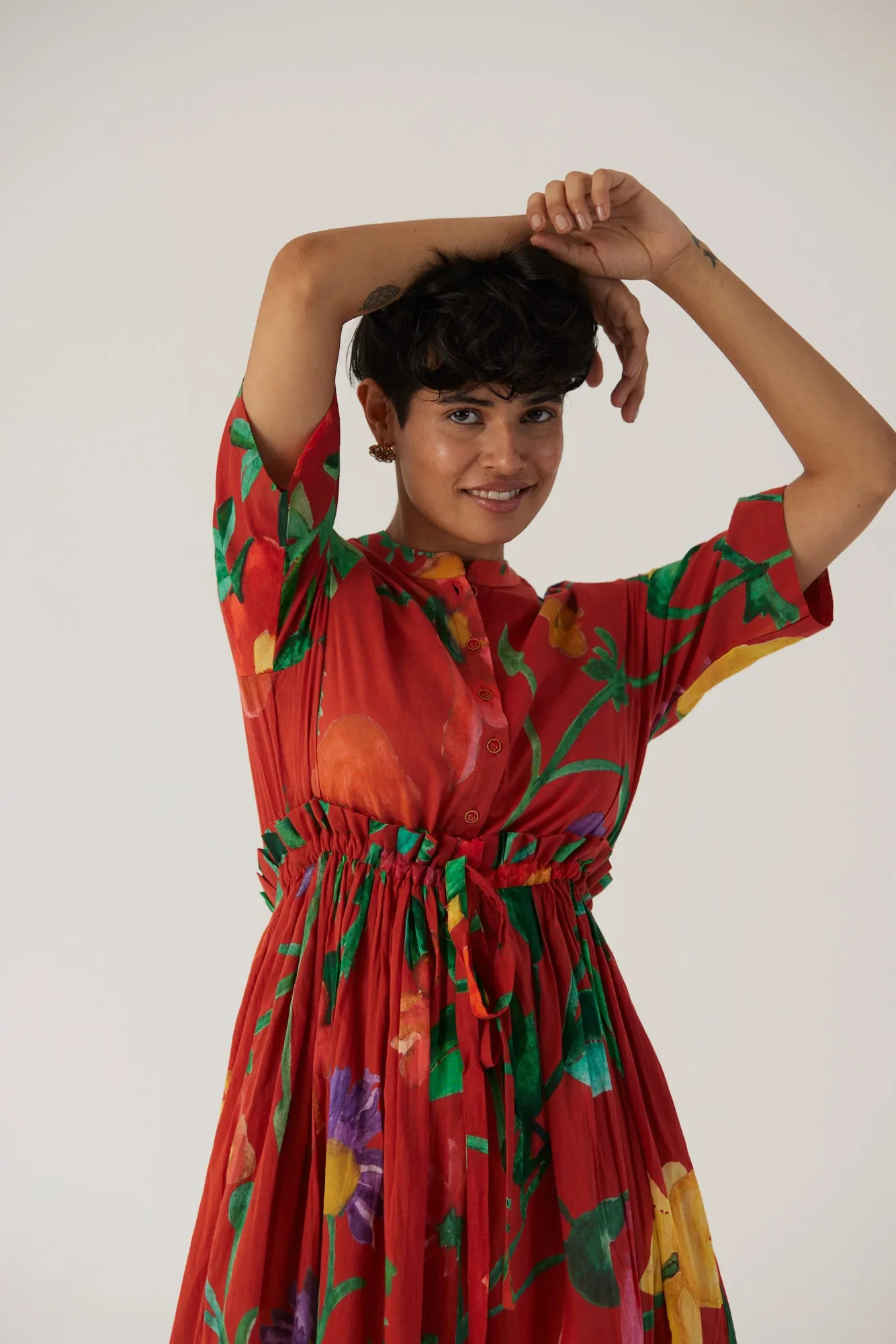 New Season Fall 24/Summer 25-Dress Cotton Gathered Big Botanical Red-YAMBB10-Fashion Edit Yam