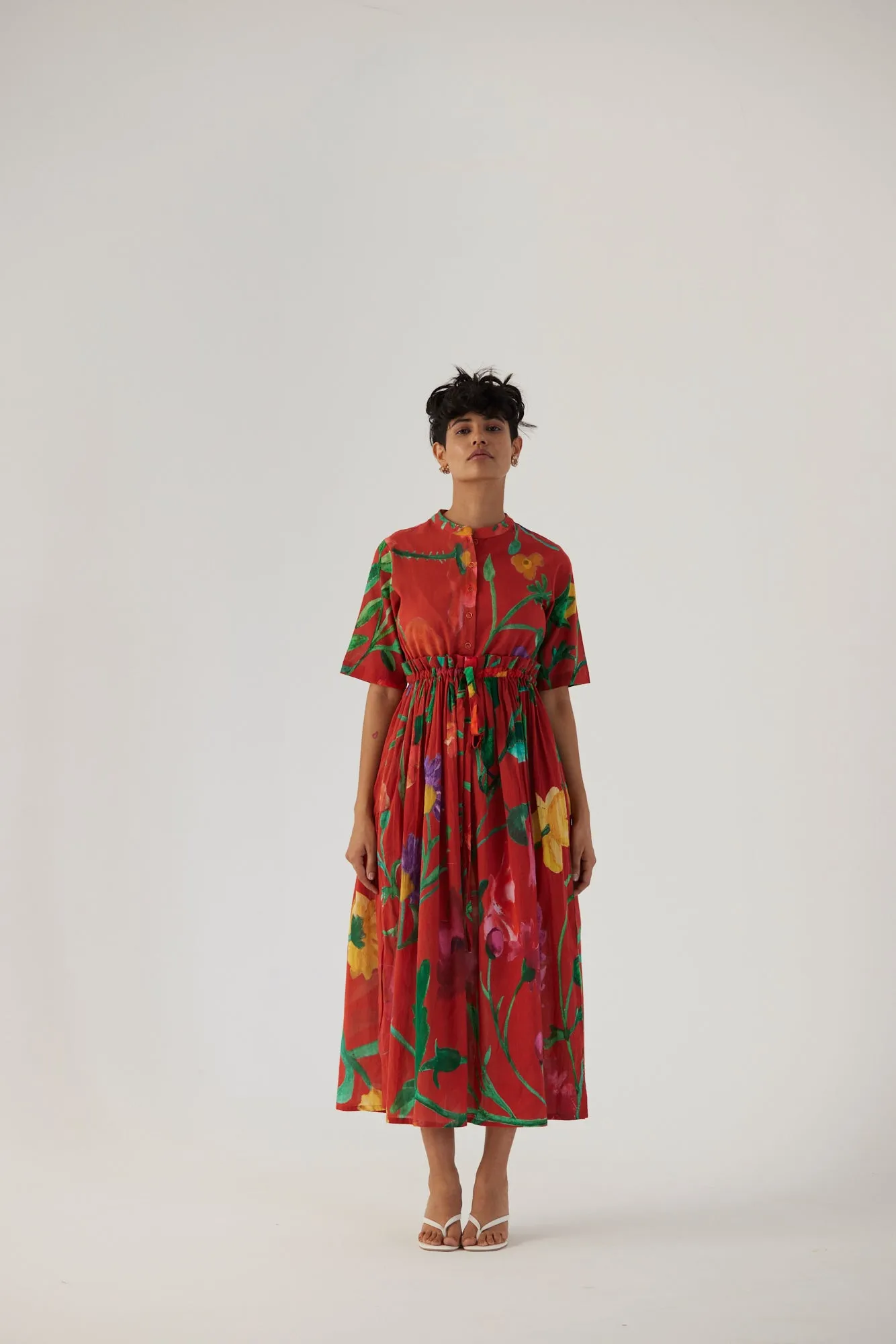 New Season Fall 24/Summer 25-Dress Cotton Gathered Big Botanical Red-YAMBB10-Fashion Edit Yam