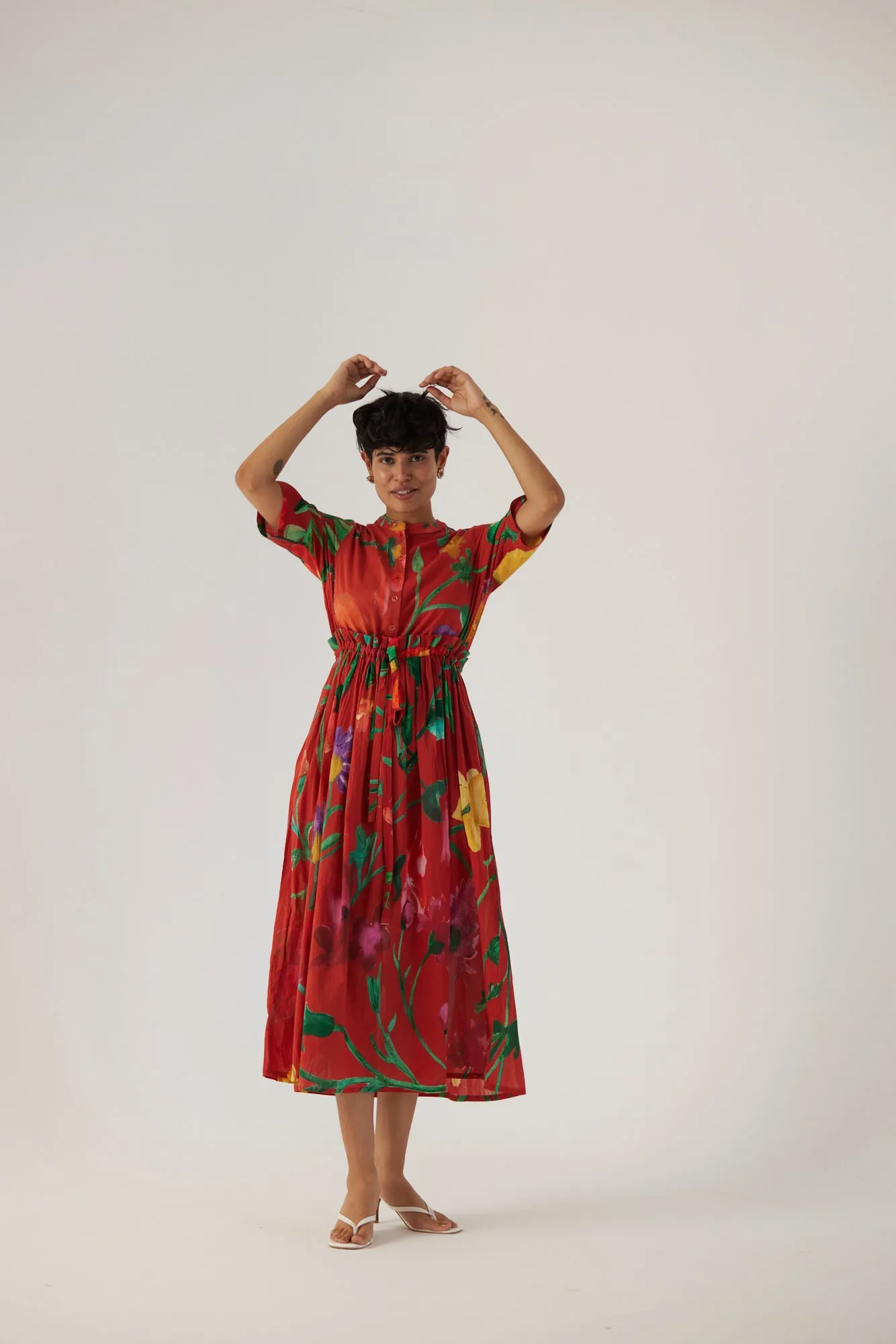 New Season Fall 24/Summer 25-Dress Cotton Gathered Big Botanical Red-YAMBB10-Fashion Edit Yam