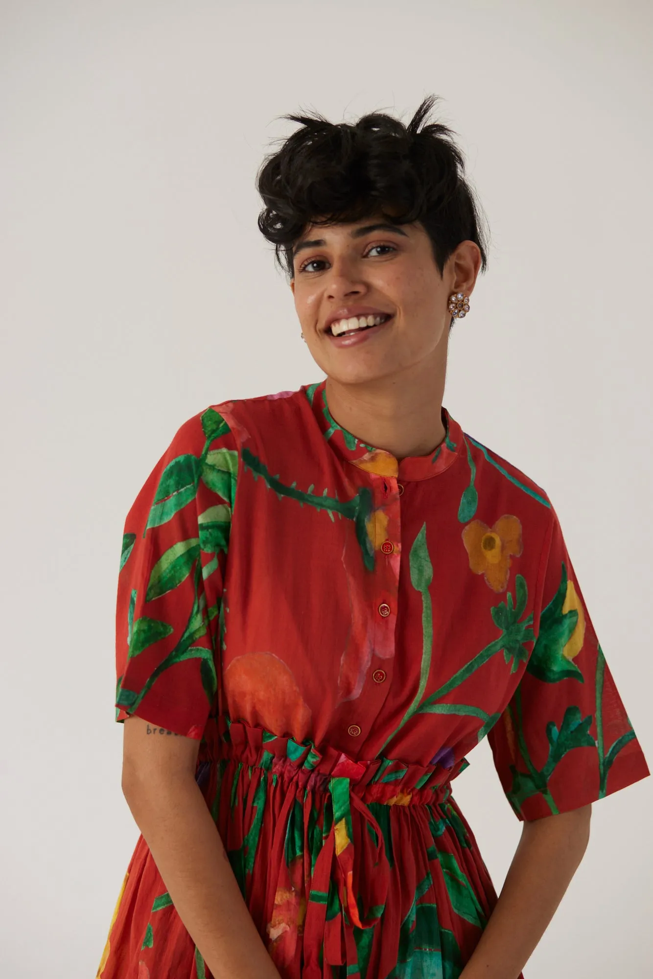 New Season Fall 24/Summer 25-Dress Cotton Gathered Big Botanical Red-YAMBB10-Fashion Edit Yam
