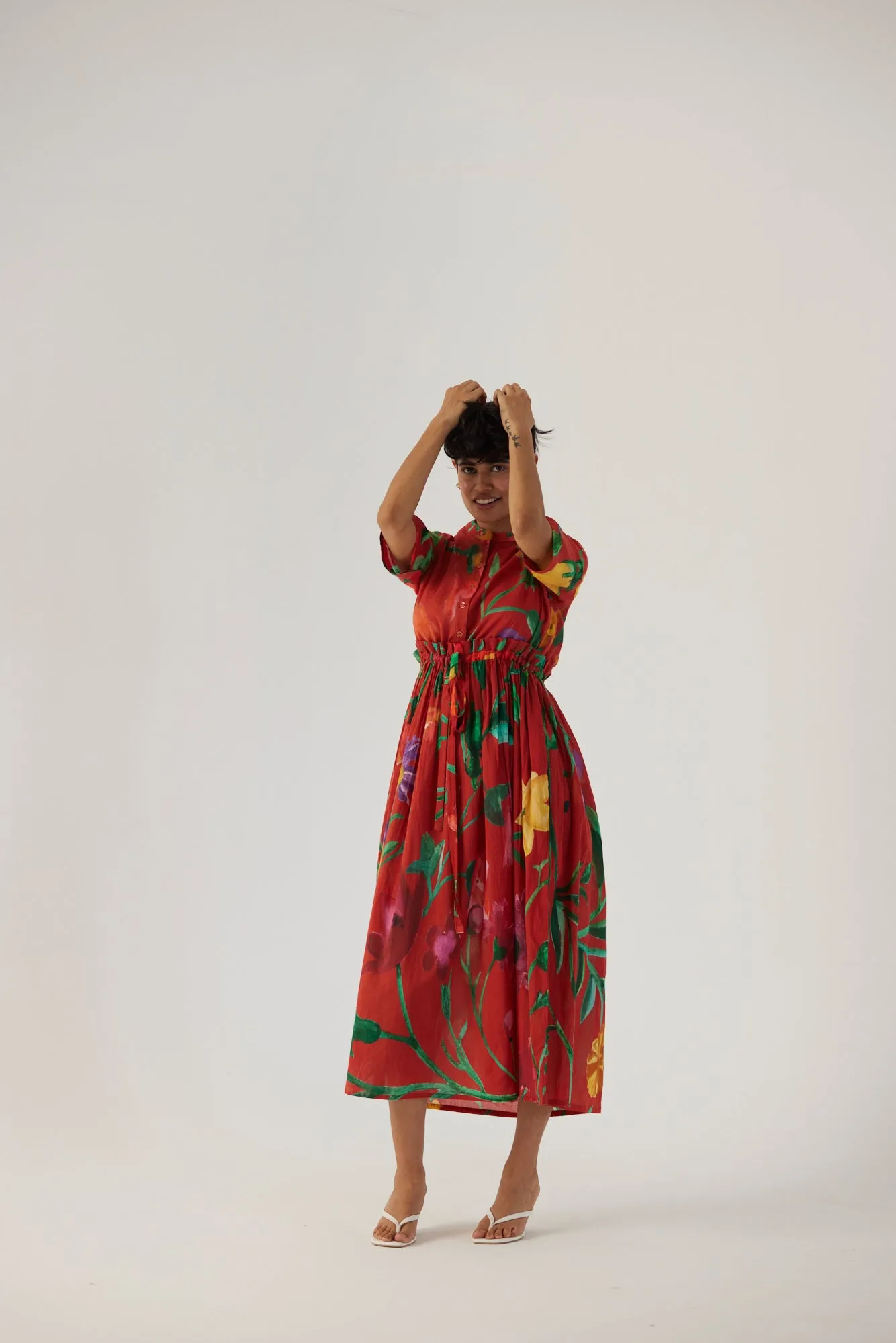 New Season Fall 24/Summer 25-Dress Cotton Gathered Big Botanical Red-YAMBB10-Fashion Edit Yam
