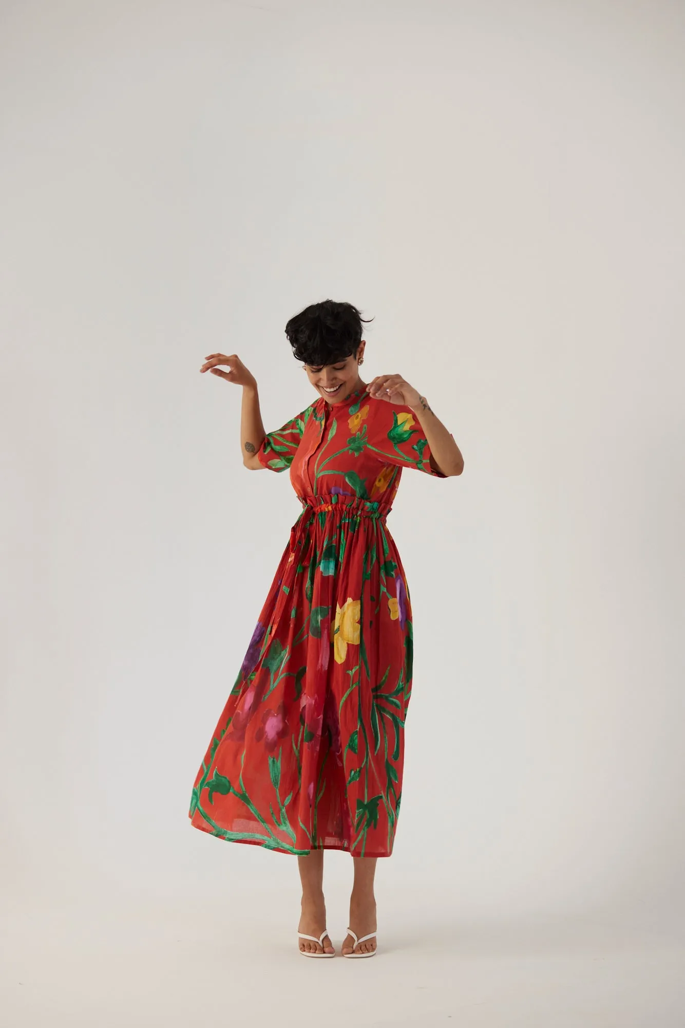 New Season Fall 24/Summer 25-Dress Cotton Gathered Big Botanical Red-YAMBB10-Fashion Edit Yam