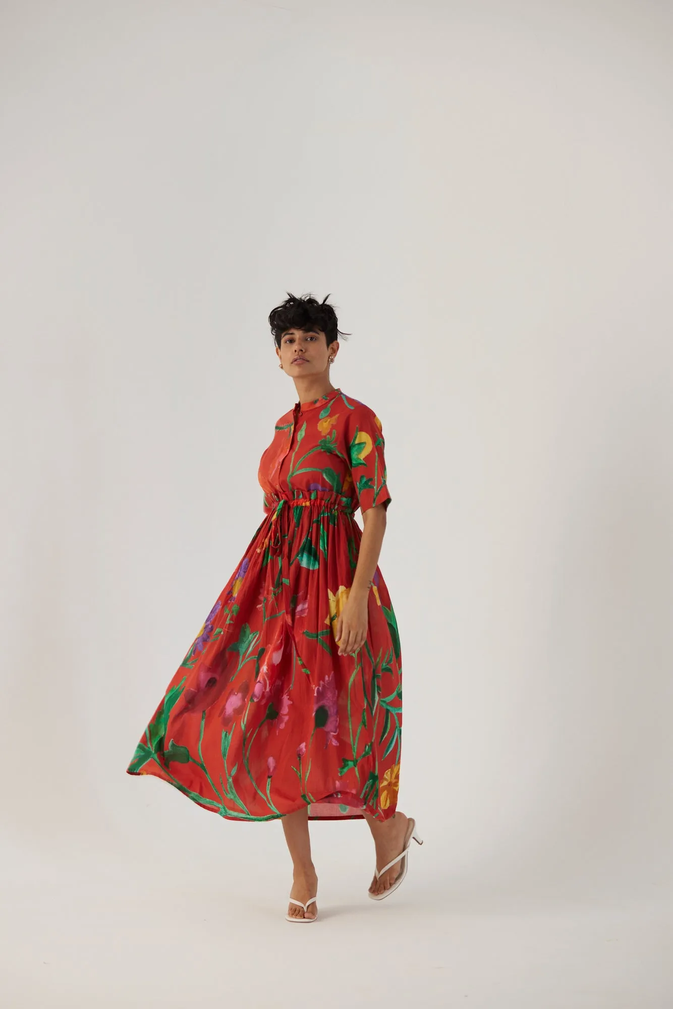 New Season Fall 24/Summer 25-Dress Cotton Gathered Big Botanical Red-YAMBB10-Fashion Edit Yam