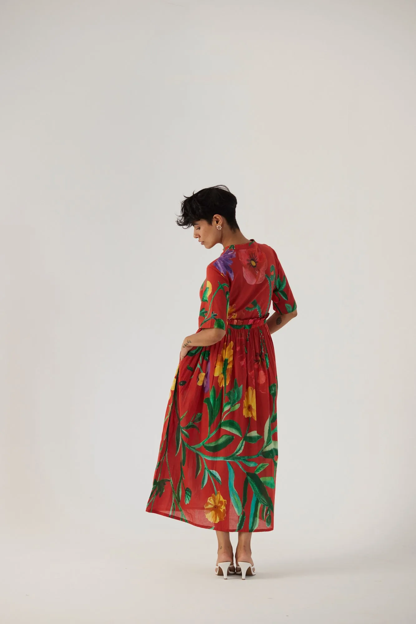 New Season Fall 24/Summer 25-Dress Cotton Gathered Big Botanical Red-YAMBB10-Fashion Edit Yam