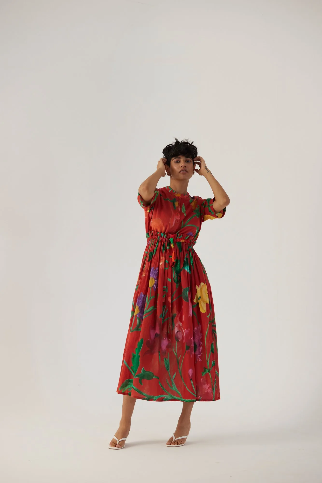 New Season Fall 24/Summer 25-Dress Cotton Gathered Big Botanical Red-YAMBB10-Fashion Edit Yam