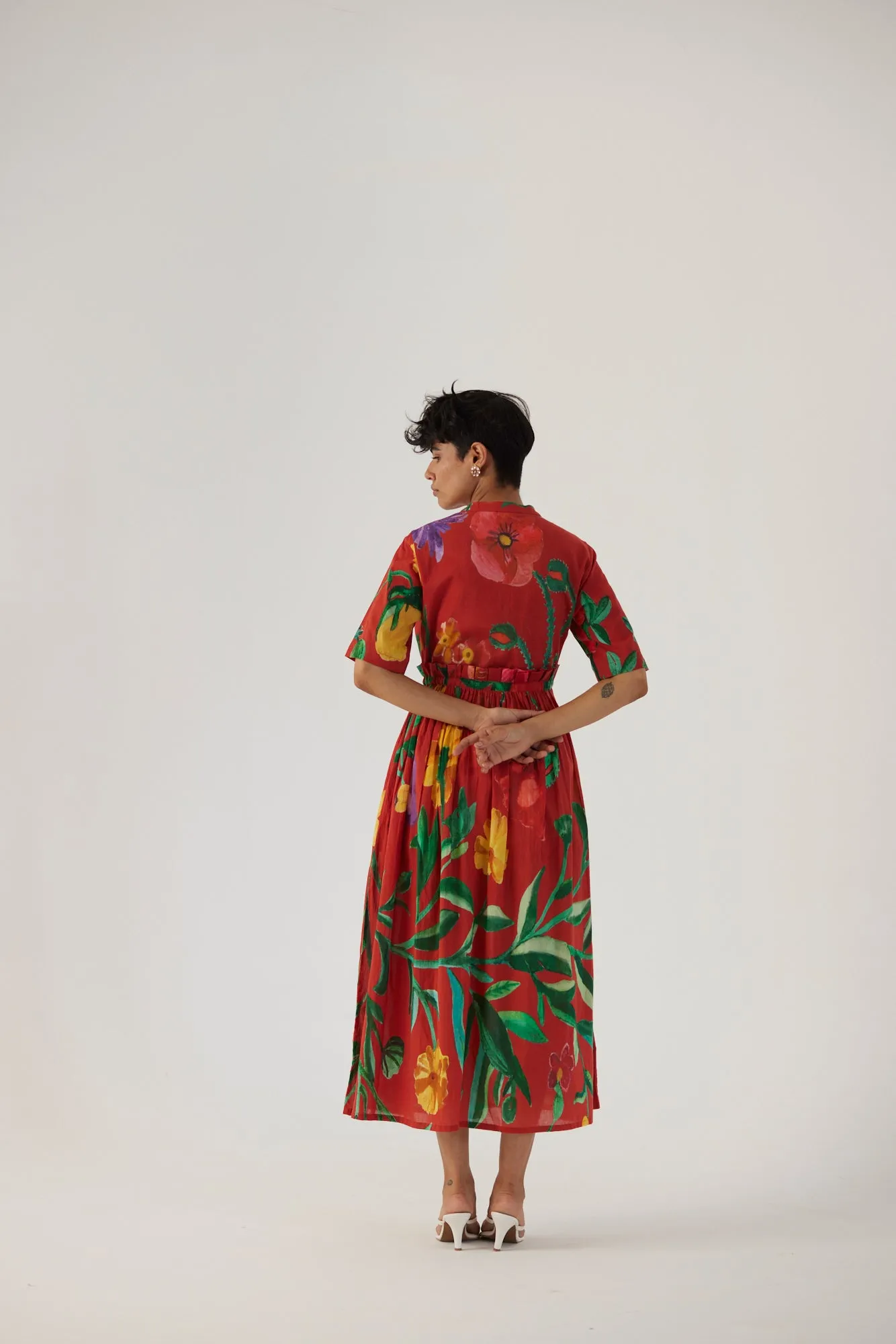 New Season Fall 24/Summer 25-Dress Cotton Gathered Big Botanical Red-YAMBB10-Fashion Edit Yam
