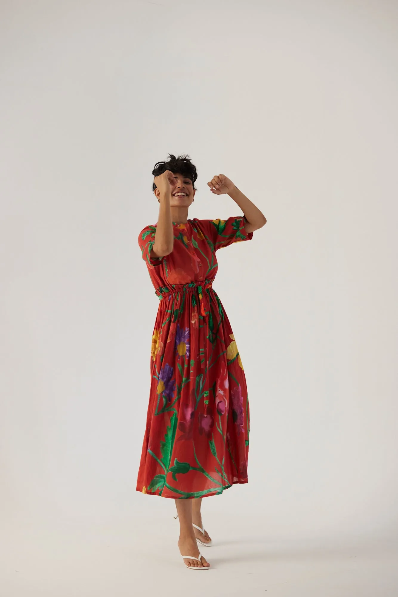 New Season Fall 24/Summer 25-Dress Cotton Gathered Big Botanical Red-YAMBB10-Fashion Edit Yam