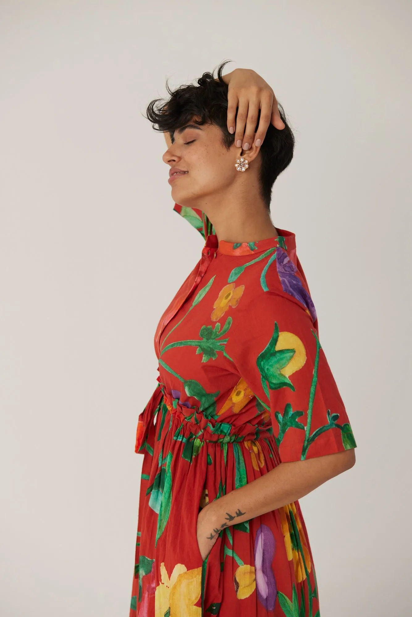 New Season Fall 24/Summer 25-Dress Cotton Gathered Big Botanical Red-YAMBB10-Fashion Edit Yam