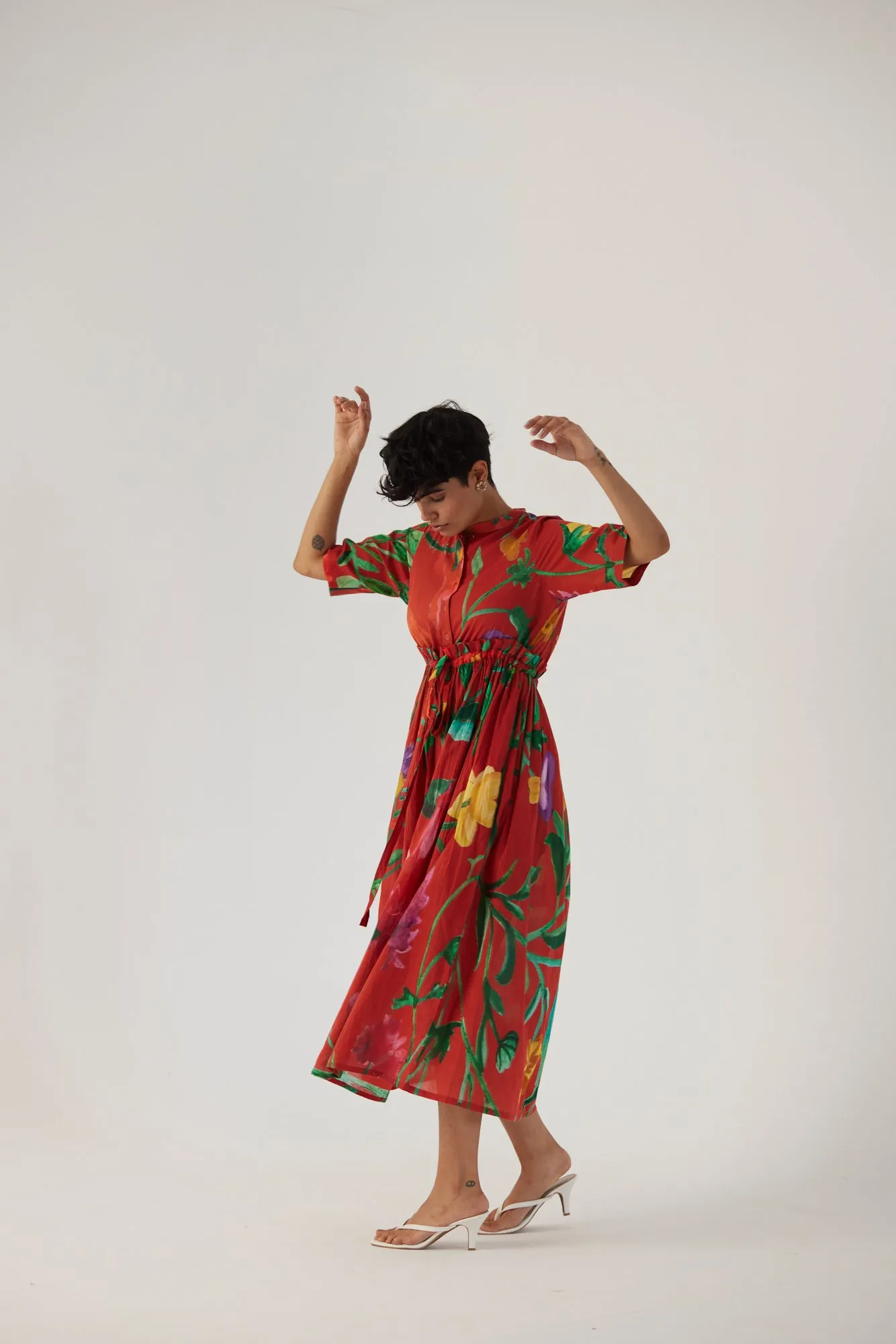 New Season Fall 24/Summer 25-Dress Cotton Gathered Big Botanical Red-YAMBB10-Fashion Edit Yam