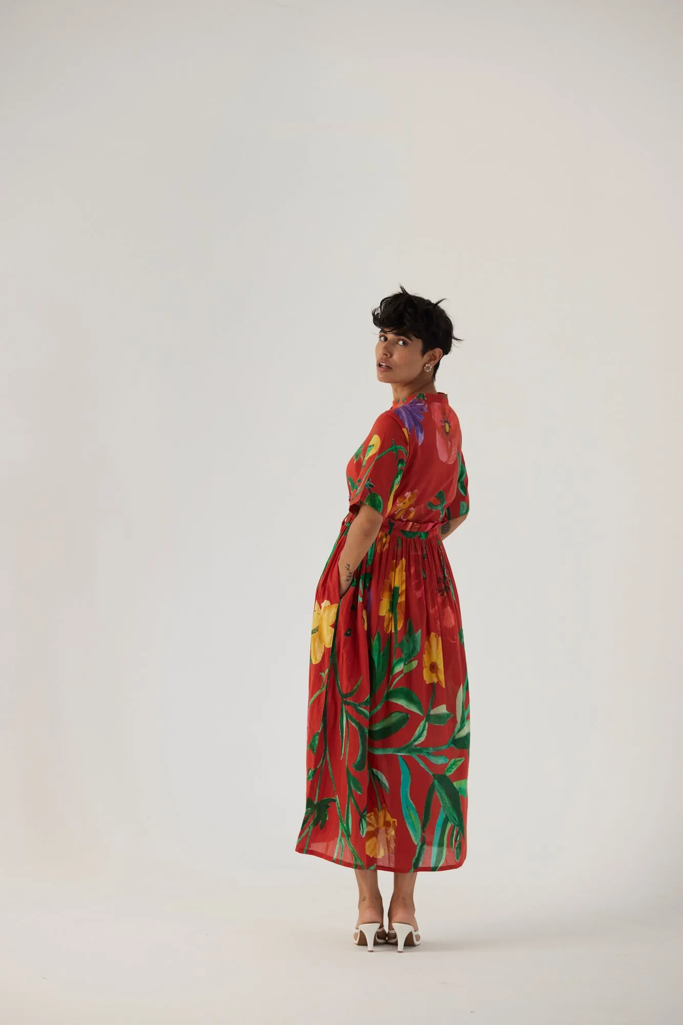 New Season Fall 24/Summer 25-Dress Cotton Gathered Big Botanical Red-YAMBB10-Fashion Edit Yam
