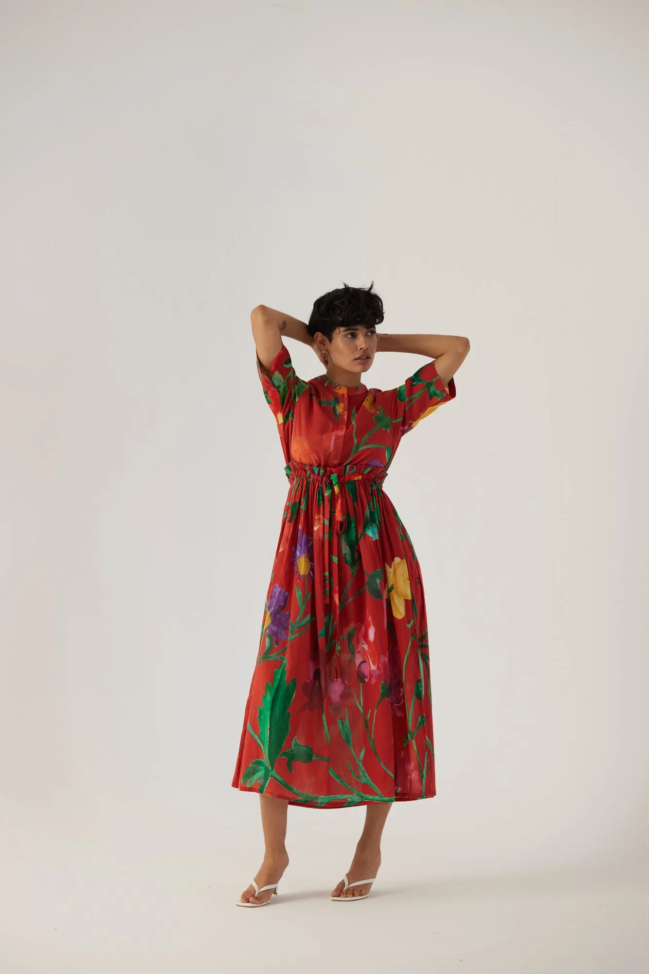 New Season Fall 24/Summer 25-Dress Cotton Gathered Big Botanical Red-YAMBB10-Fashion Edit Yam