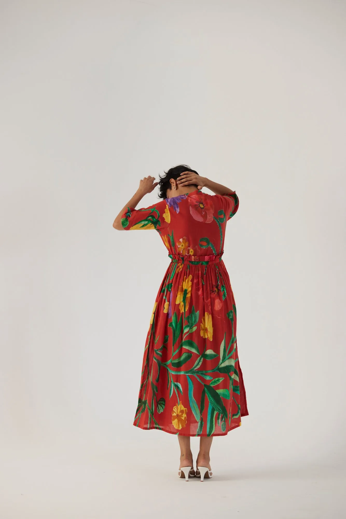 New Season Fall 24/Summer 25-Dress Cotton Gathered Big Botanical Red-YAMBB10-Fashion Edit Yam