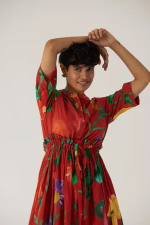 New Season Fall 24/Summer 25-Dress Cotton Gathered Big Botanical Red-YAMBB10-Fashion Edit Yam