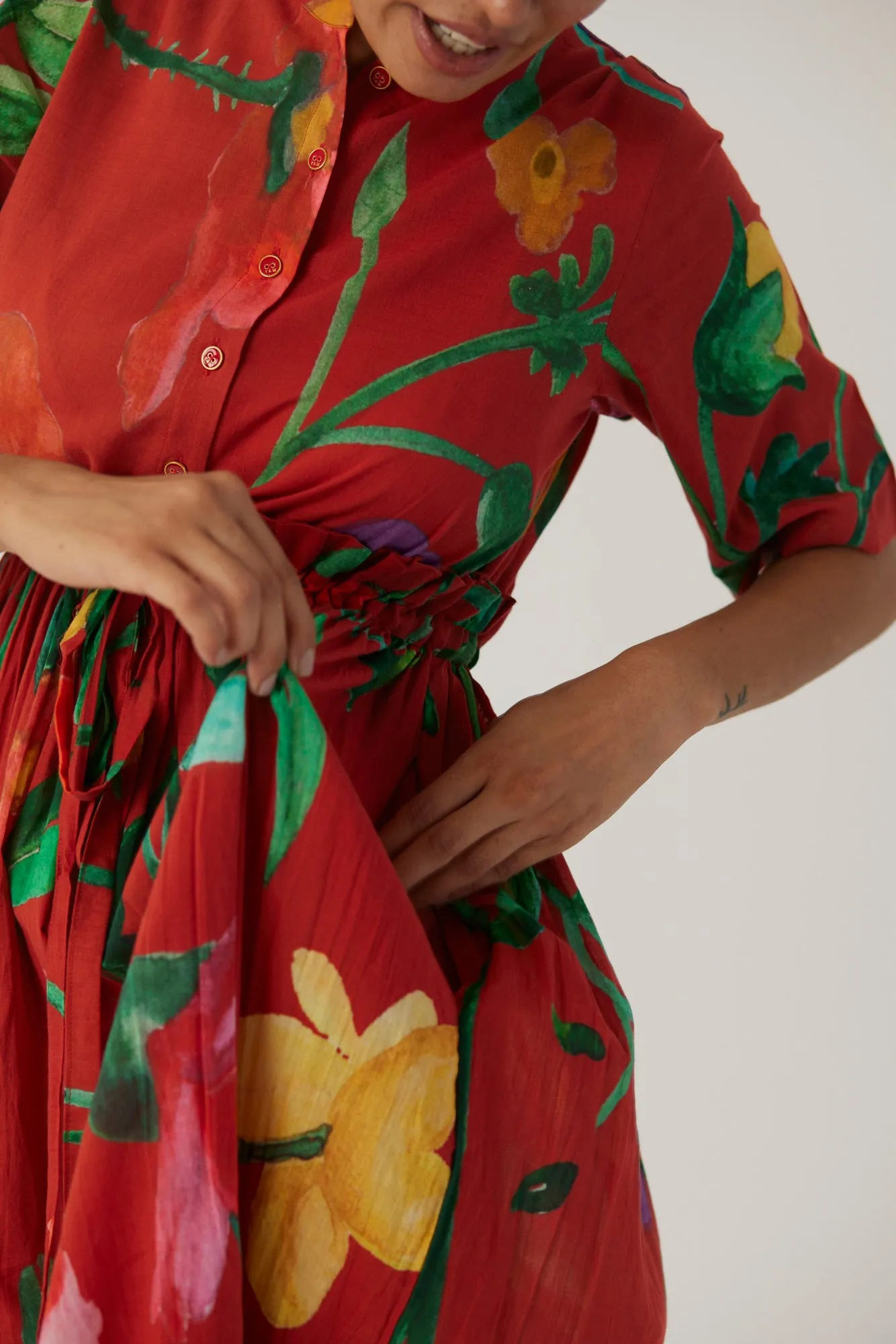 New Season Fall 24/Summer 25-Dress Cotton Gathered Big Botanical Red-YAMBB10-Fashion Edit Yam