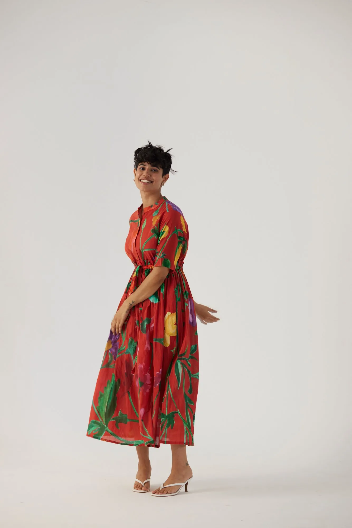 New Season Fall 24/Summer 25-Dress Cotton Gathered Big Botanical Red-YAMBB10-Fashion Edit Yam