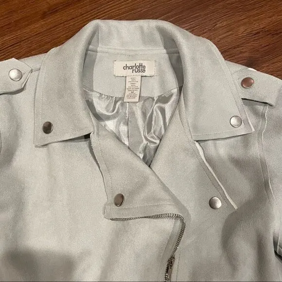 NWOT Powder Blue Suede Belted Moto Jacket
