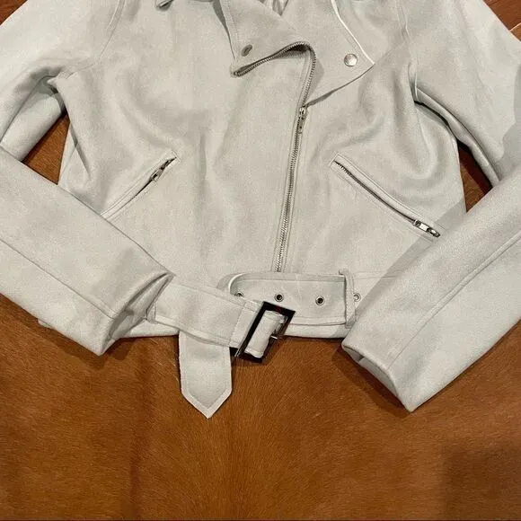NWOT Powder Blue Suede Belted Moto Jacket