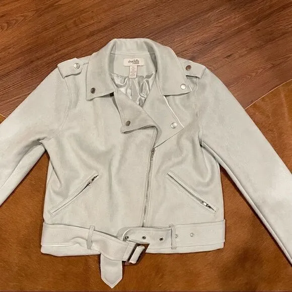 NWOT Powder Blue Suede Belted Moto Jacket