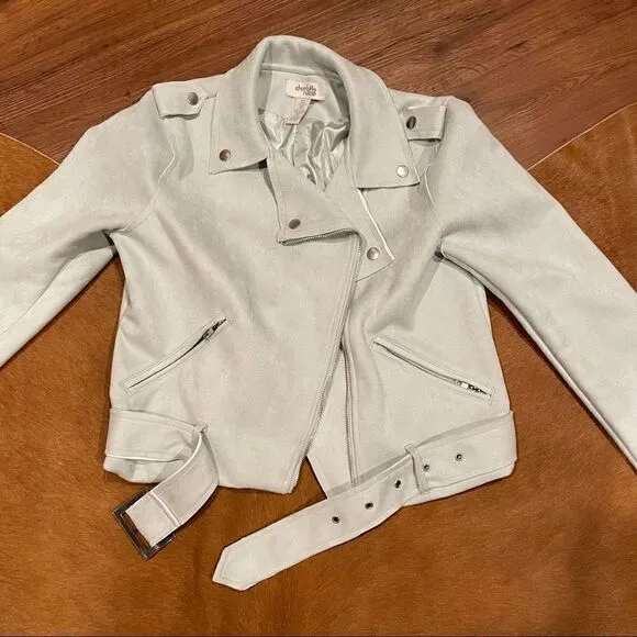 NWOT Powder Blue Suede Belted Moto Jacket