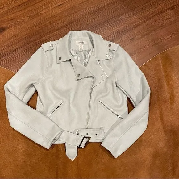 NWOT Powder Blue Suede Belted Moto Jacket