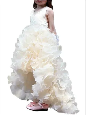 Organza Ruffles V-neck Asymmetrical Flower Girl Dresses With Bowknot