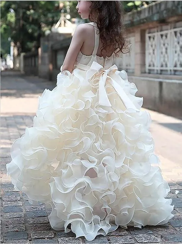 Organza Ruffles V-neck Asymmetrical Flower Girl Dresses With Bowknot