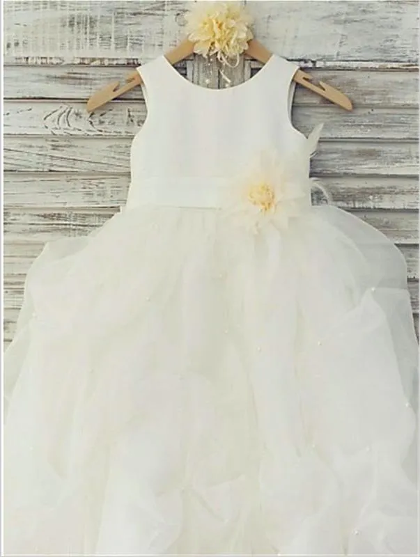 Organza Sleeveless Scoop Flower Girl Dresses Floor Length Ball Gown Hand-made Flower