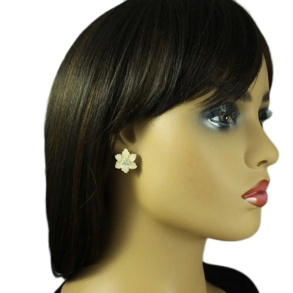 Pale Pink Enamel with Crystals Flower Pierced Earring - REE909LP