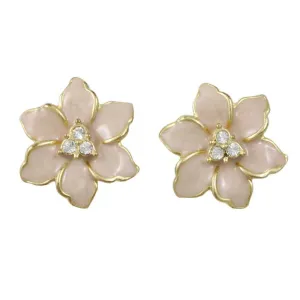 Pale Pink Enamel with Crystals Flower Pierced Earring - REE909LP