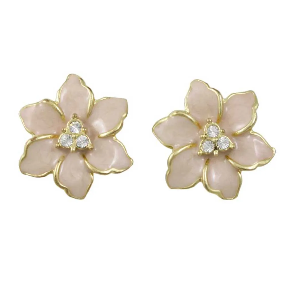 Pale Pink Enamel with Crystals Flower Pierced Earring - REE909LP