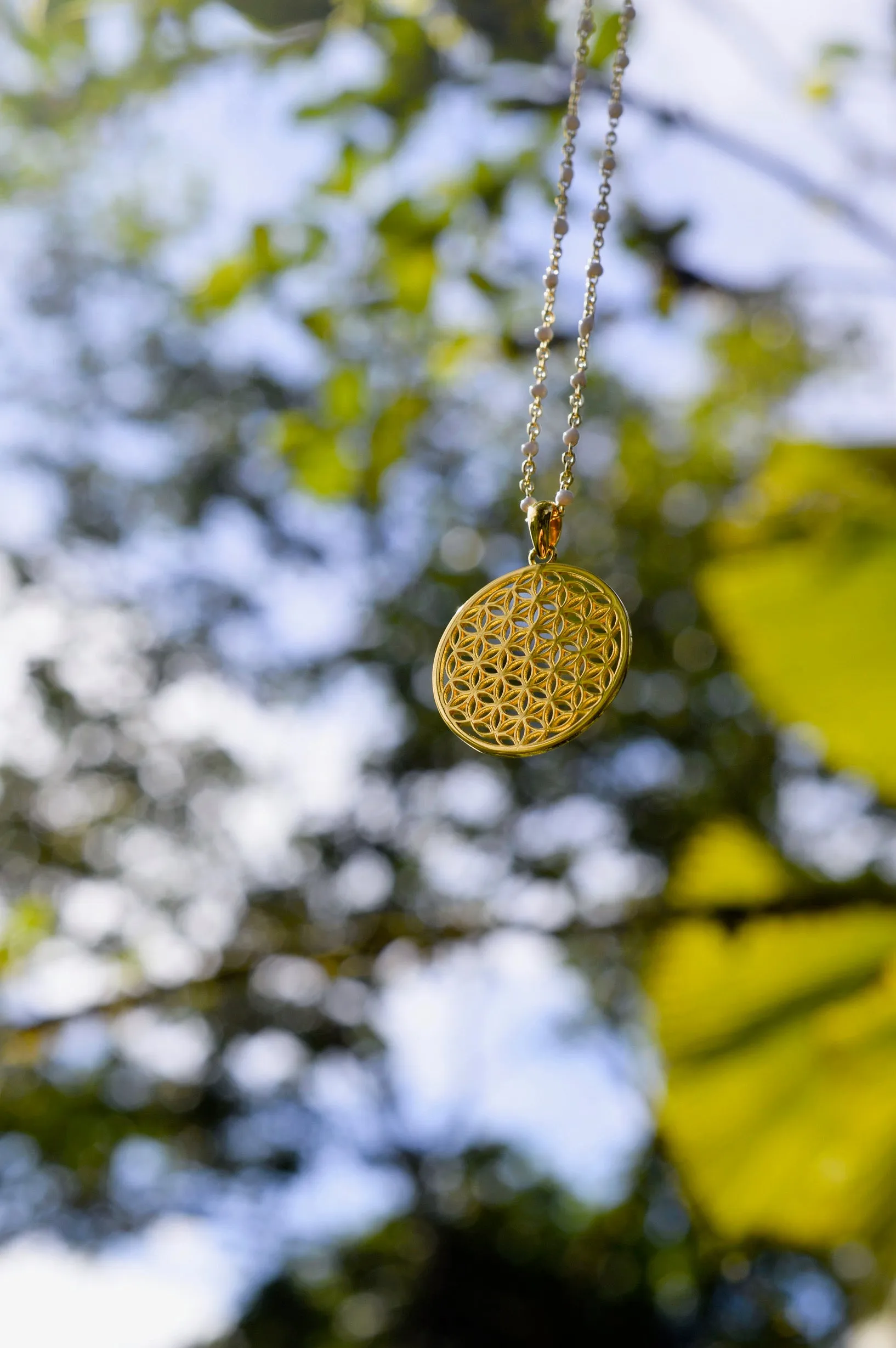 Peaceful Heart Flower of Life Necklace, White Enamel, 18K Gold