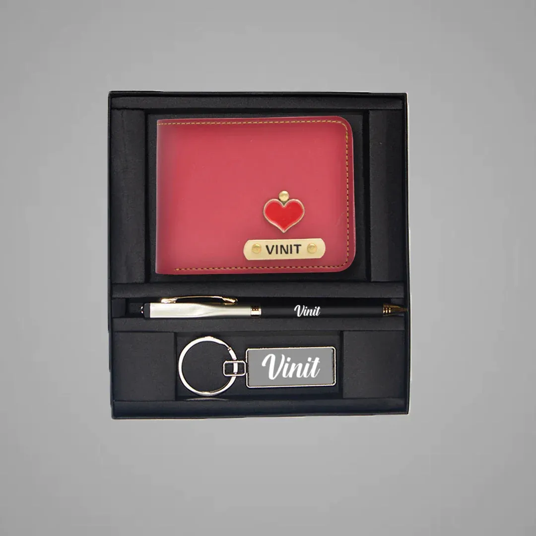 Personalised Leather Wallet   Pen & keychain Combo - Wine