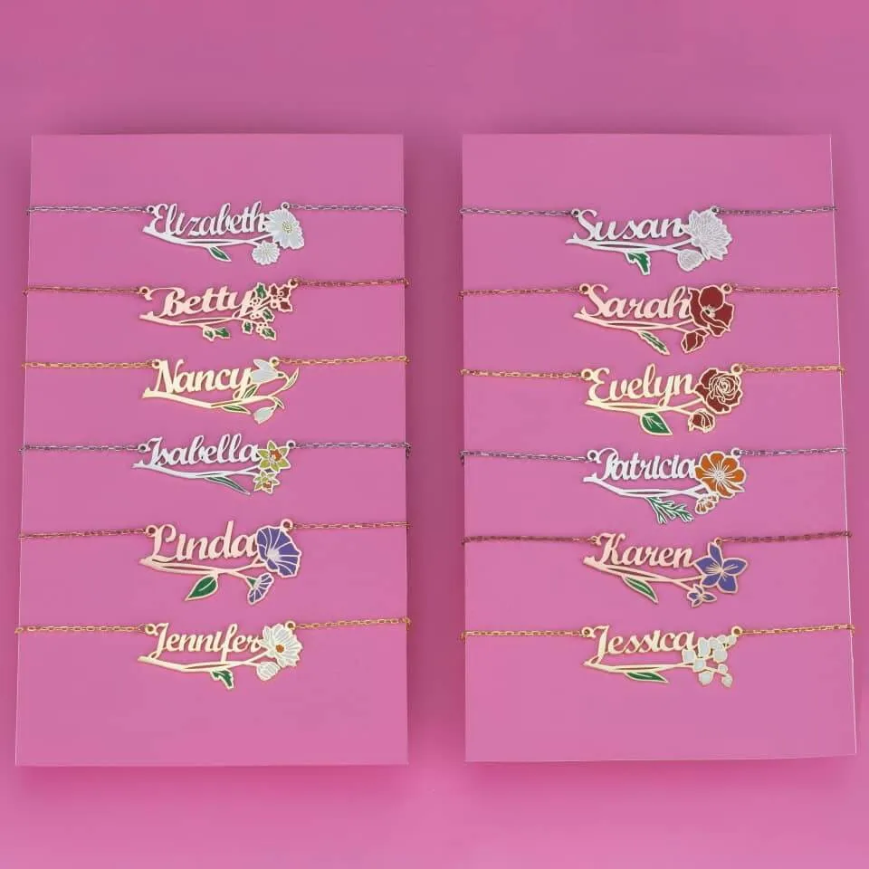Personalized Birth Flower Name Necklace v2