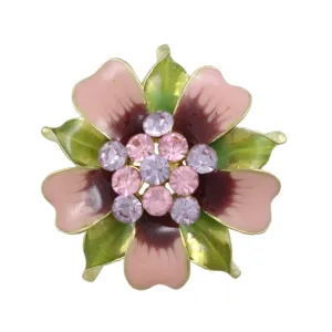 Pink and Green Enamel Flower with Crystals Brooch Pin - PRL908A