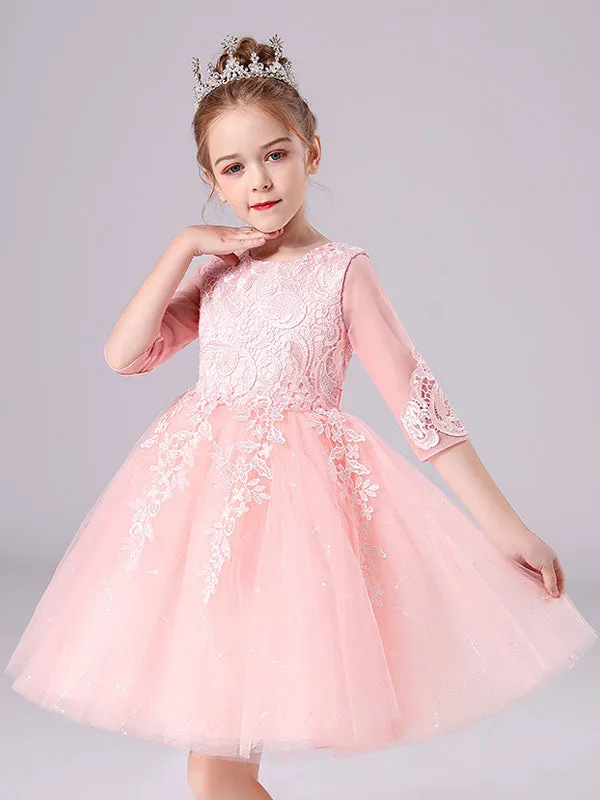 Pink Jewel Neck Lace Half Sleeves Short Princess Dress Kids Social Party Dresses