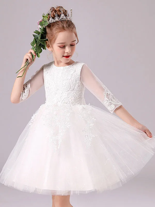Pink Jewel Neck Lace Half Sleeves Short Princess Dress Kids Social Party Dresses