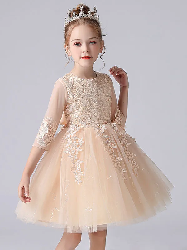 Pink Jewel Neck Lace Half Sleeves Short Princess Dress Kids Social Party Dresses