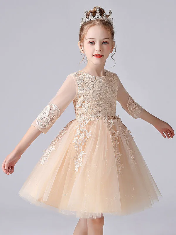 Pink Jewel Neck Lace Half Sleeves Short Princess Dress Kids Social Party Dresses
