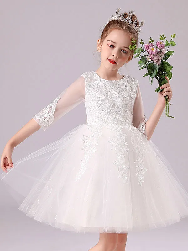 Pink Jewel Neck Lace Half Sleeves Short Princess Dress Kids Social Party Dresses