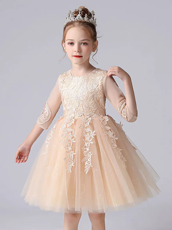 Pink Jewel Neck Lace Half Sleeves Short Princess Dress Kids Social Party Dresses