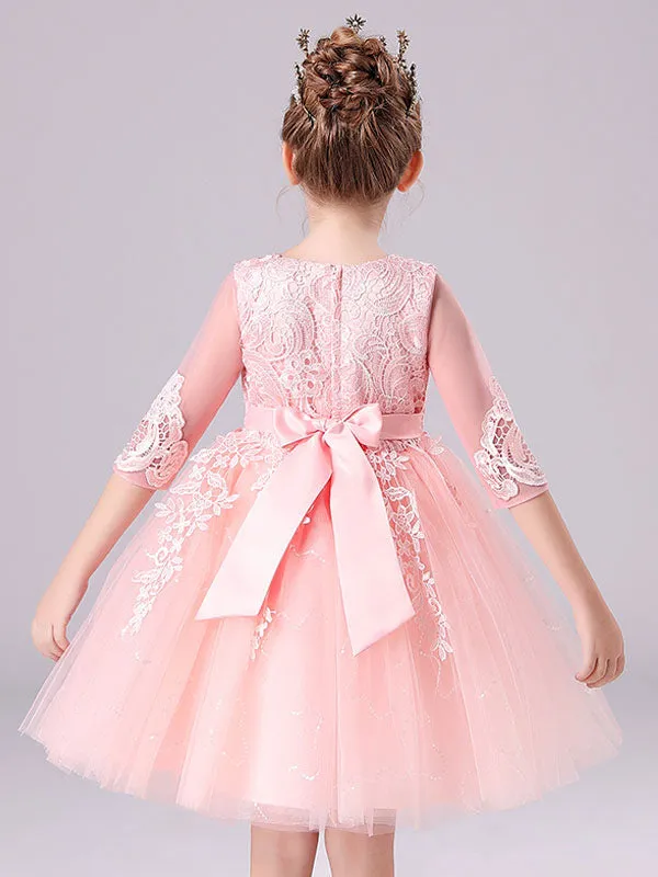 Pink Jewel Neck Lace Half Sleeves Short Princess Dress Kids Social Party Dresses
